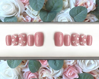 Press On Nails Pink Orchid Glitter Valentine Hearts | Pink Nails | Heart Nails | Stick On Nails | Glue On Nails | False Nails | Fake Nails