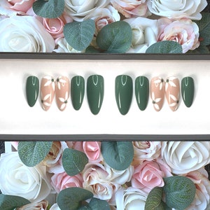 Press On Nails Wild Green and White Petals | Stick on Nails | Sage Green Nails | Hand Painted Floral Nails | Summer Spring Nails