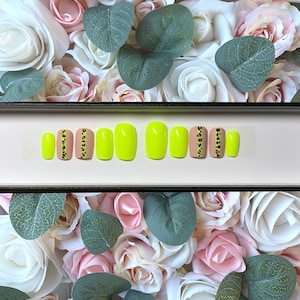 Press on Nails Neon Highlighter Yellow Leopard Print Nail Design | Glue on Nails | Stick on Nails | Neon Yellow Nails | Fake Nails | Nails