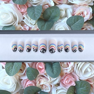 Press on Nails Rainbow Swirls Black Tips and Stars | Glue on Nails | Stick on Nails | False Nails | Fake Nails | Emo Nails | Punk Nails