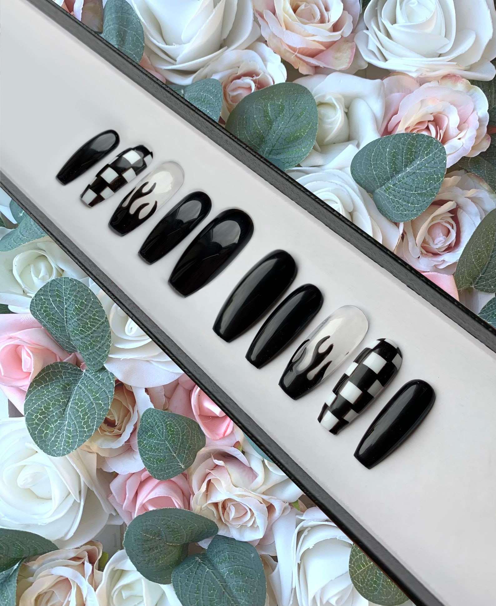 Press on Nails Black Flames Checkered Design Glue on Nails