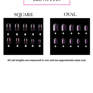 Puede incluir: Gr&aacute;fico que muestra diferentes longitudes de u&ntilde;as postizas cuadradas y ovaladas. El gr&aacute;fico muestra 10 longitudes diferentes, medidas en mil&iacute;metros, para cada forma.