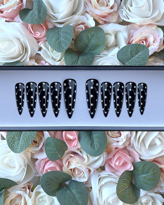 Press on Nails Black Polka Dots | Stick on Nails | Glue on Nails | False Nails | Fake Nails | Press ons | Glossy Nails | Dotty Nails