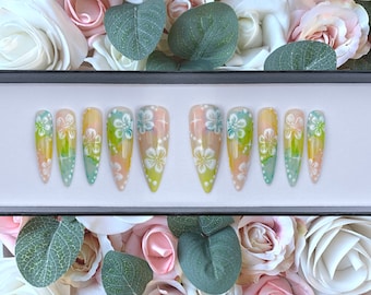 Press on Nails Hibiscus Flowers Watercolour Design | Stick on Nails | Summer Nails | Tropical Flowers | Glue on Nails | Hand Painted Nails