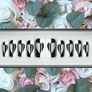 Press on Nails Monochrome Black and White Hearts | Stick on Nails | Glue on Nails | Full Cover Nails | Fake Nails | False Nails | Nails