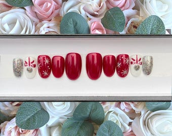 Press on Nails Christmas Red Baroness Baubles and Stars | Glue on Nails | False Nails | Fake Nails | Stick on Nails | Red Shimmer Nails