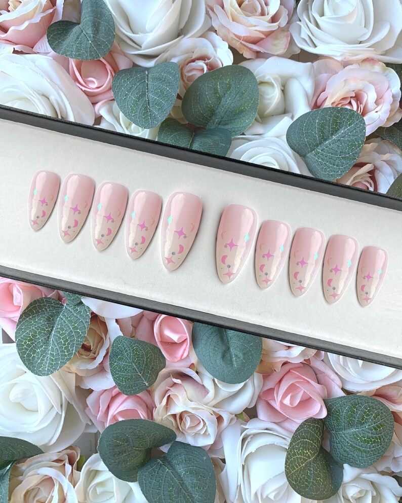 Press on Nails Ombre Glitter Moons and Stars | Stick on Nails | Glue on Nails | False Nails | Fake Nails | Press ons | Baby Boomer Nails image 3