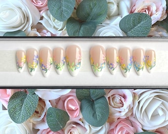 Press on Nails Floral Daisy French Manicure | Summer Nails | Stick on Nails | Spring Wedding Nails | Fake Nails | False Nails | Custom Made