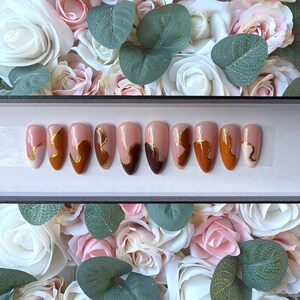 Press on Nails Brown Gold Abstract Design | Full Cover Nails | Stick on Nails | Glue on Nails | Fake Nails | Abstract Nails | Nails UK