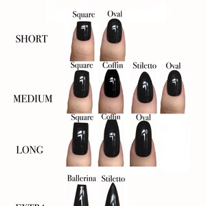 May include: A chart showing different nail shapes and lengths. The chart includes short, medium, long, and extra long nails. The nail shapes include square, oval, coffin, stiletto, and ballerina.