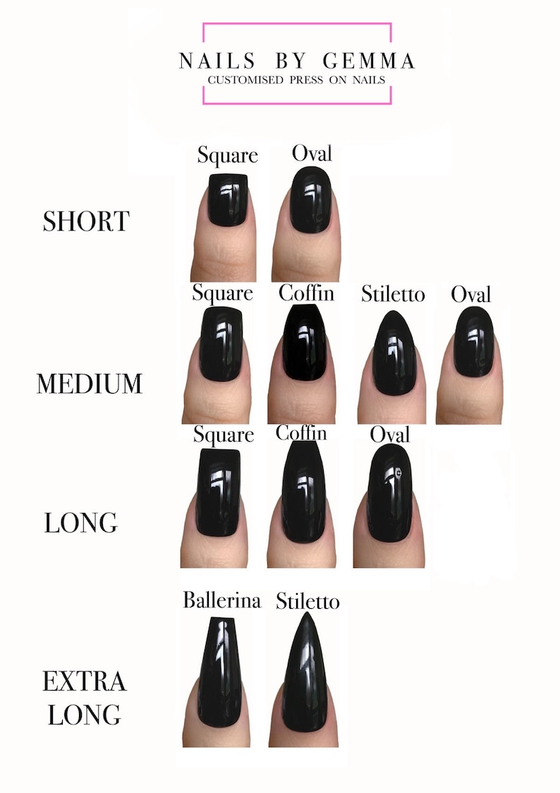 May include: A chart showing different nail shapes and lengths. The chart includes short, medium, long, and extra long nails. The nail shapes include square, oval, coffin, stiletto, and ballerina.