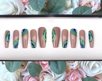 Press on Nails Peacock Abstract Design | Cute Fun Nails | Custom Made | Glue on Fake | False Nails | Handmade | Hand Painted Nails
