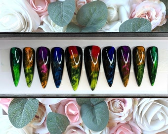Press on Nails Black Color Pop Smoke | Op maat gemaakt | Lijm op nepnagels | Kunstnagels | Handgemaakt | Handgeschilderde nagels