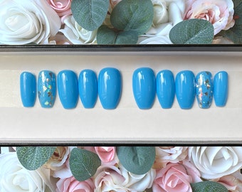Press on Nails Sky Blue and Silver Holo Foil | Custom Made | Glue on Fake Nails | False Nails | Handmade | Hand Painted Nails