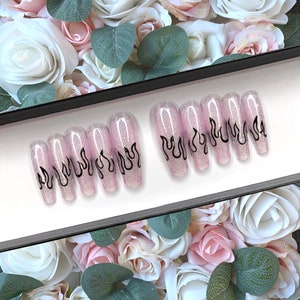 Press on Nails Clear Pink Glitter Jelly Flame Design | Full Cover Nails | Stick on Nails | Glue on Nails | Pink Glitter Nails | Press on’s