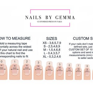 Puede incluir: Un gr&aacute;fico que muestra c&oacute;mo medir las u&ntilde;as para u&ntilde;as postizas personalizadas. El gr&aacute;fico muestra diferentes tama&ntilde;os de u&ntilde;as en mil&iacute;metros, que van desde 18 mm hasta 9 mm. El gr&aacute;fico tambi&eacute;n incluye instrucciones sobre c&oacute;mo medir las u&ntilde;as con una cinta m&eacute;trica.