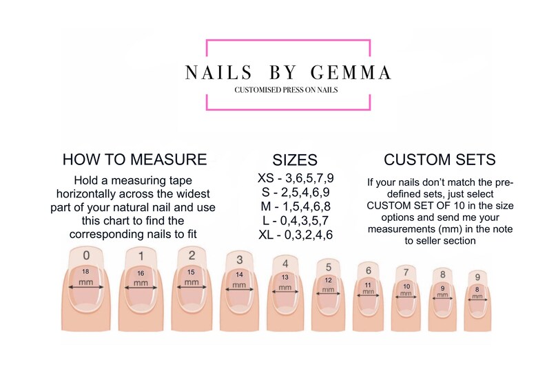 Puede incluir: Un gr&aacute;fico que muestra c&oacute;mo medir las u&ntilde;as para u&ntilde;as postizas personalizadas. El gr&aacute;fico muestra diferentes tama&ntilde;os de u&ntilde;as en mil&iacute;metros, que van desde 18 mm hasta 9 mm. El gr&aacute;fico tambi&eacute;n incluye instrucciones sobre c&oacute;mo medir las u&ntilde;as con una cinta m&eacute;trica.