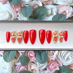 Press on Nails Red Shimmer and Red Roses  | Stick on Nails | Glue on Fake Nails | False Nails | Red Valentines Nails | Red Glitter Nails