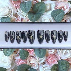 Press on Nails Dunkelgrau Sternenklare Nacht Sterne und Monde | Nagel aufkleben | Kleber auf den Nägeln | Dunkelgraue Nägel | Künstliche Nägel | Falsche Nägel