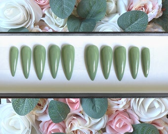 Press on Nails Moss Green | Stick on Nails | Glue on Nails | Green Nails | Hand Painted Nails | Custom Nails | Nails
