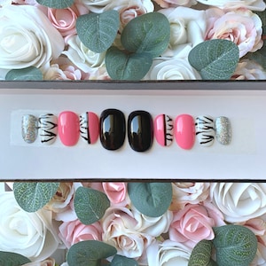 Press on Nails Zebra Print Silver Glitter | Stick on Nails | Glue on Nails | Animal Print Nails | Pink Nails | Black Nails | Nails