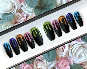 Press on Nails 3D Dripping in Glitter | Black Nails | Fake Nails | Stick on Nails | Drip Nails | Hand Painted Nails | Long Nails