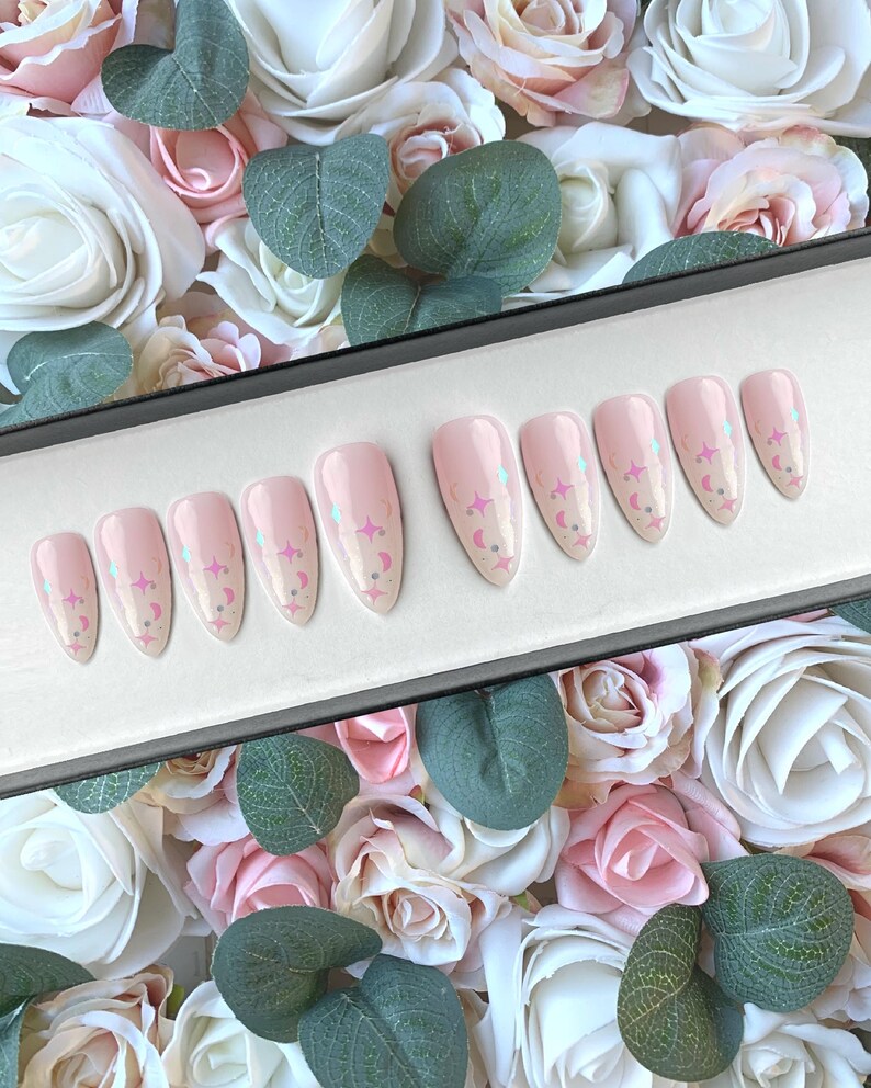 Press on Nails Ombre Glitter Moons and Stars | Stick on Nails | Glue on Nails | False Nails | Fake Nails | Press ons | Baby Boomer Nails image 2