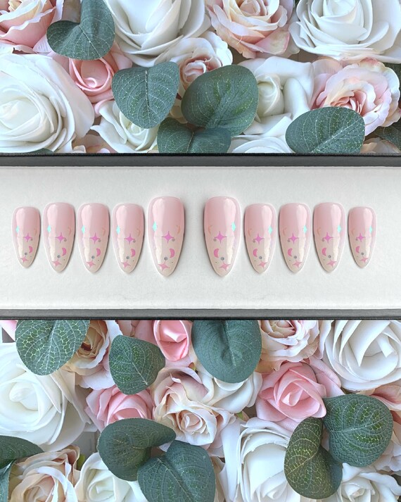 Press on Nails Ombre Glitter Moons and Stars | Stick on Nails | Glue on Nails | False Nails | Fake Nails | Press ons | Baby Boomer Nails