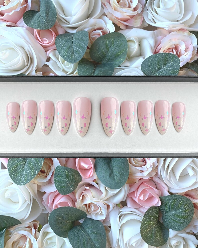 Press on Nails Ombre Glitter Moons and Stars | Stick on Nails | Glue on Nails | False Nails | Fake Nails | Press ons | Baby Boomer Nails image 1