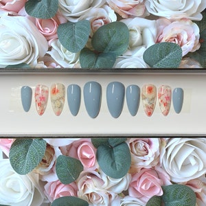 Press on Nails Spring Blue/Grey Blossoms | Custom Made | Glue on Fake Nails | False Nails | Hand Painted Nails | Full Cover Nails | Nails
