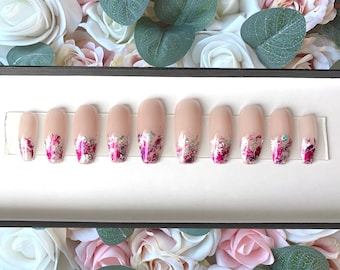 Press on Nails abstracte roze en zilveren folieombré | Op maat gemaakt | Lijm op nepnagels | Kunstnagels | Handgemaakt | Handgeschilderde nagels