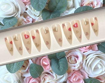 Press on Nails Red/Pink/Rose Gold Chrome Valentines Hearts | Stick on Nails | Glue on Nails | False Nails | Fake Nails | Press ons | Nails