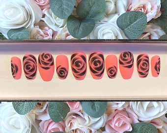 Press on Nails Matte Pink and Black Roses | Custom Made | Glue on Fake Nails | False Nails | Handmade | Hand Painted Nails