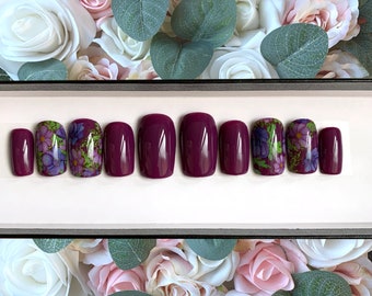 Press on Nails Aubergine Purple Floral Design | Custom Made | Glue on Fake Nails | False Nails | Handmade | Hand Painted Nails