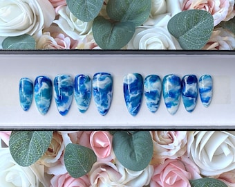 Uñas postizas con efecto mar azul océano / Uñas al agua / Uñas adhesivas / Uñas con pegamento / Uñas postizas / Uñas postizas / Uñas postizas / Uñas de mármol