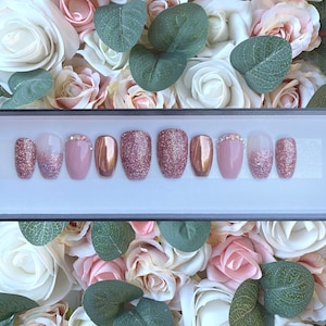 Press on Nails Rose Gold Chrome and Rose Gold Glitter | Stick on Nails | Glue on Nails | False Nails | Fake Nails | Rose Gold Nails | Nails