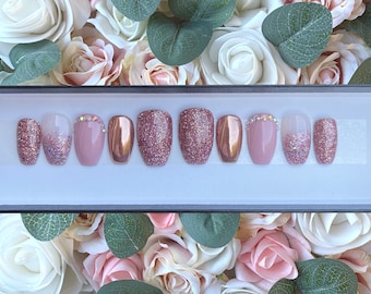 Press on Nails Rose Gold Chrome and Rose Gold Glitter | Stick on Nails | Glue on Nails | False Nails | Fake Nails | Rose Gold Nails | Nails
