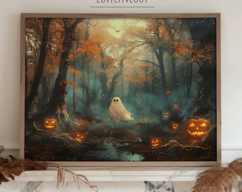 Duchy do wydrukowania na ścianie Galeria sztuki ściennej na Halloween Dekoracje do domu na Halloween Duchy do pobrania Dekoracje jesienne Upiorny obraz wiejskiego domu Jesień