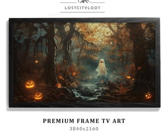 Halloween frame tv-kunst, schattig spookachtig bos, spookachtige herfst vintage kunst voor tv, Samsung Frame tv, Moody Forest,