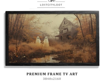 Halloween-frame tv-kunst, schattige geesten in het veld, spookachtige boerderij herfstkunst voor tv, humeurige vintage schilderij, Samsung Frame TV | TV158