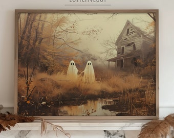 May include: A framed print featuring a spooky scene with two ghost figures holding hands in a field of tall grass. An old, weathered house is in the background. The artwork has a muted color palette of browns, oranges, and greens, with the text "LOSTCITYLOOT" at the top.