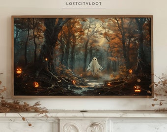 Halloween-frame tv-kunst, spookframe tv-kunst, spook in het bos, Samsung frame tv-kunst, herfst humeurig bos, herfstdecor, halloween tv-lijst