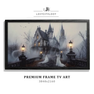 May include: A framed digital art print depicting a haunted castle scene with ghosts on a bridge, lit by street lamps. The artwork is set in a misty environment, with the text "PREMIUM FRAME TV ART" and resolution details at the bottom.