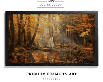 TV-kunst herfstlijst, herfstbos met klein spookje, spookachtige vintage Halloween-kunst voor tv, Samsung Frame TV-screensaver