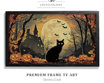 May include: A framed Halloween-themed art print featuring a black cat with glowing eyes, a full moon, bats, and jack-o'-lanterns. The artwork includes a spooky house in a forest setting with autumn foliage. The text "PREMIUM FRAME TV ART" is at the bottom.
