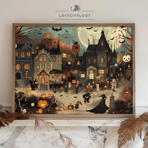 Halloween Printable Wall Art Halloween Art Retro Wall Art Fall Print Moody Art Halloween Prints Autumn Print Thanksgiving Decor Cute Village