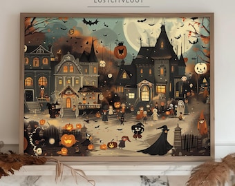 Halloween afdrukbare muurkunst Halloween kunst retro muur kunst herfst print humeurige kunst Halloween prints herfst print Thanksgiving decor schattig dorp