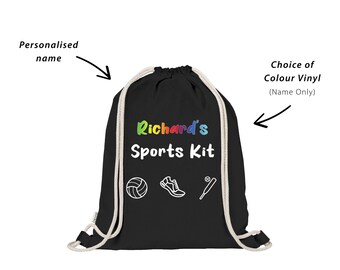 Personalised Sports PE Kit Bag for Kids | Sports Equipment Icons | Back-to-School Gift | 100% Natural Cotton Backpack | Custom Colour Name