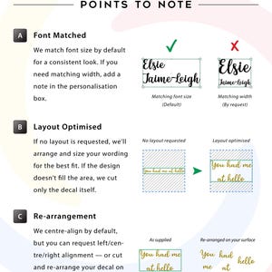 Ensorcerium Points to Note guide for custom vinyl decals: we match font size by default for a consistent look (matching width available on request). If no layout is requested, we optimise the arrangement to best fit the chosen area; if it doesn't fill the full area, we cut only the decal itself. Decals are centre-aligned by default, with left/centre/right alignment available on request, and you can cut and re-arrange on your surface.