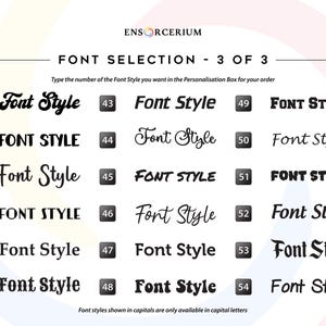Font chart 3 of 3:
Ensorcerium font selection chart 3 of 3 — showing the final selection of numbered vinyl decal font styles including serif, sans-serif, script, cursive and bold options. Enter your chosen font number in the personalisation box when ordering. Font styles shown in capitals are only available in capital letters. More fonts available on request.